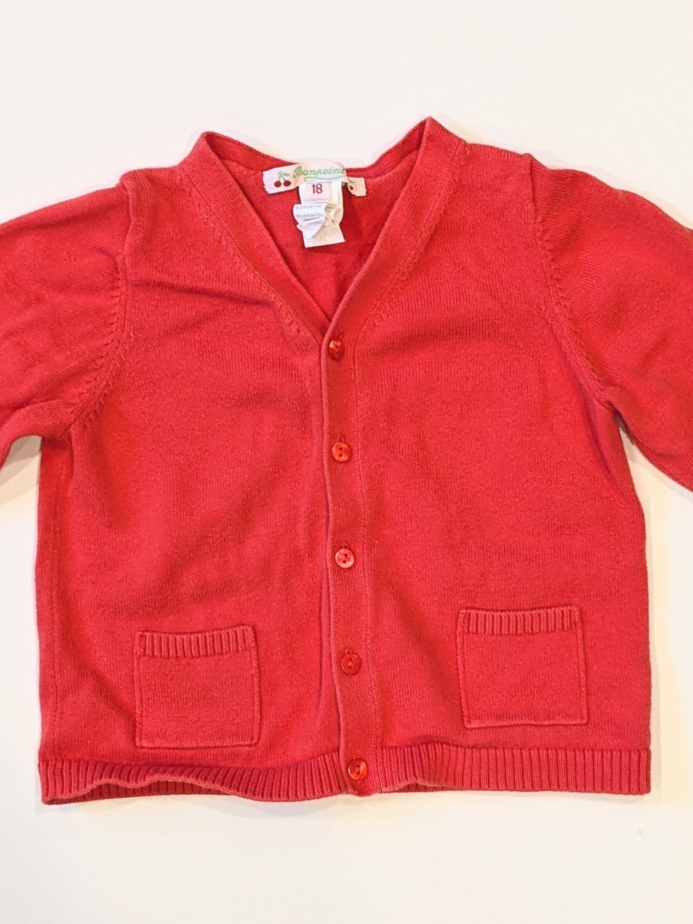 Bonpoint Coral-Red Knit Cardigan with Pockets 18m